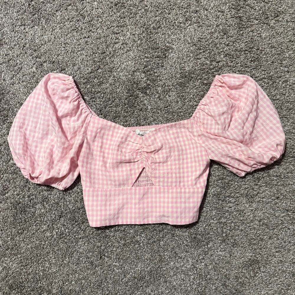 Elodie Pink Gingham Puff Sleeve Crop Top Cutout Cottagecore Size XS
